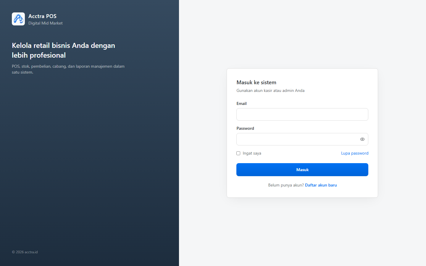 Halaman login Acctra POS