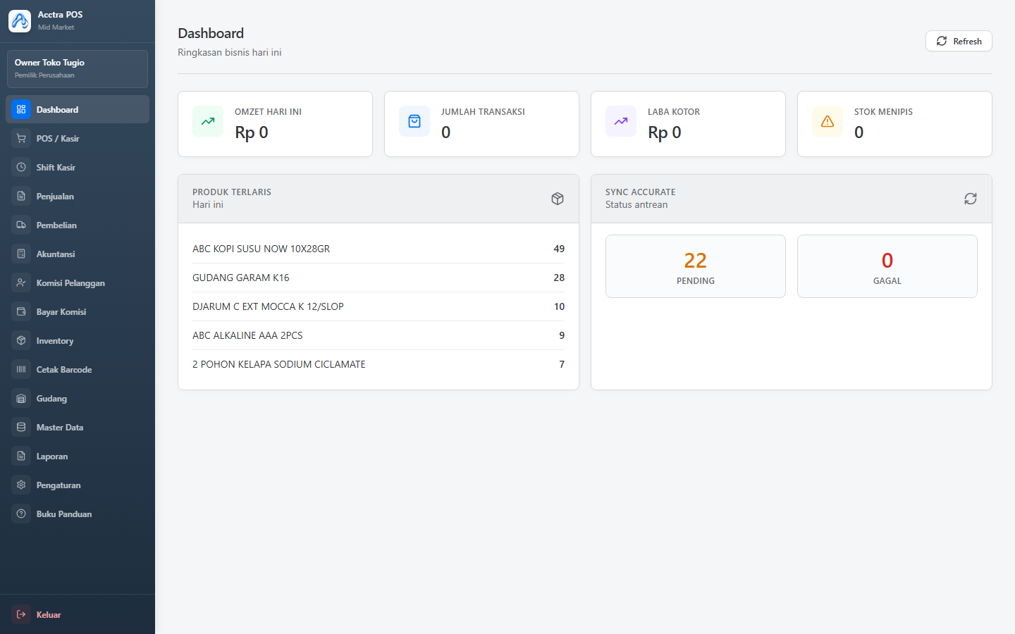 Dashboard dan sidebar menu